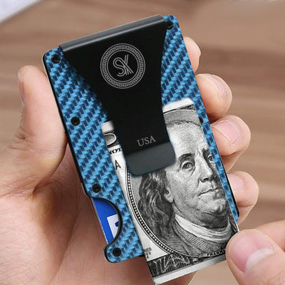 Sky Blue: RFID Blocking Carbon Fiber Wallet for Men & Women - Reinforced Money Clip - Gift Box