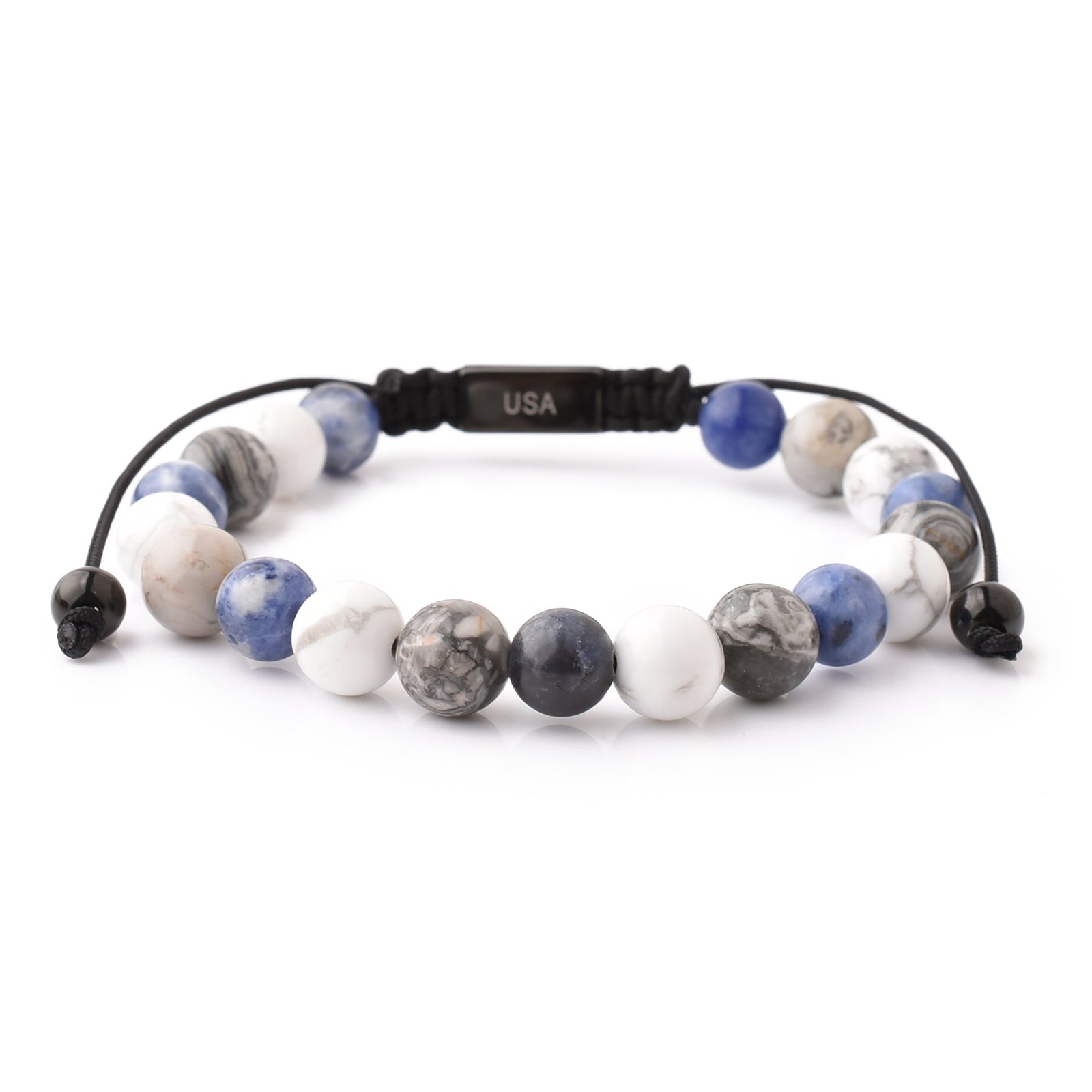 White Blue Gemstone Beads Bracelet, Adjustable Knot - 8mm