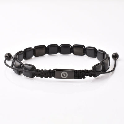 Black Flat Gemstone Beads Bracelet, Adjustable Knot - 8mm