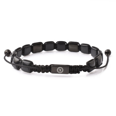 Black Flat Gemstone Beads Bracelet, Adjustable Knot - 8mm