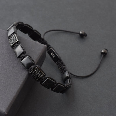 Black Flat Gemstone Beads Bracelet, Adjustable Knot - 8mm