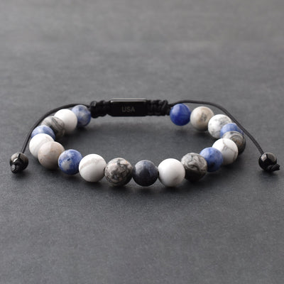 White Blue Gemstone Beads Bracelet, Adjustable Knot - 8mm