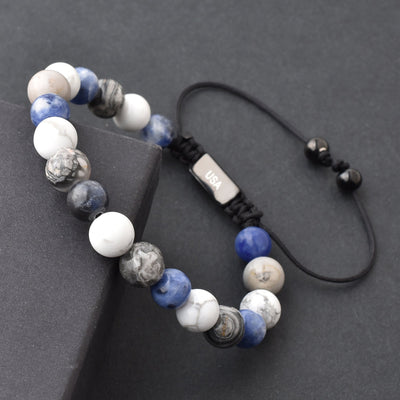 White Blue Gemstone Beads Bracelet, Adjustable Knot - 8mm