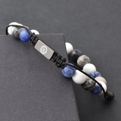 White Blue Gemstone Beads Bracelet, Adjustable Knot - 8mm