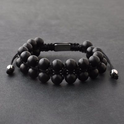 Black Gemstone Beads Bracelet, Adjustable Knot - 8mm