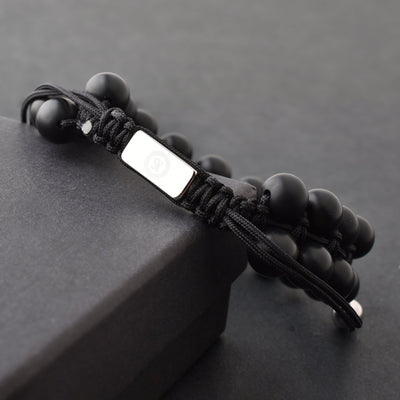 Black Gemstone Beads Bracelet, Adjustable Knot - 8mm