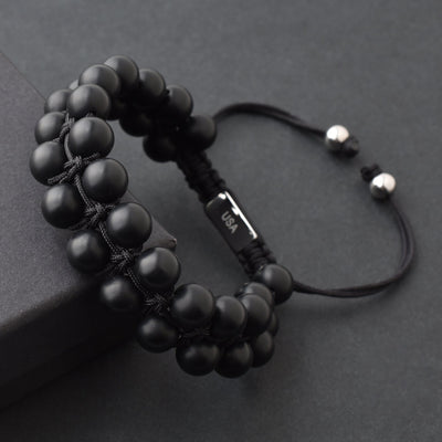 Black Gemstone Beads Bracelet, Adjustable Knot - 8mm