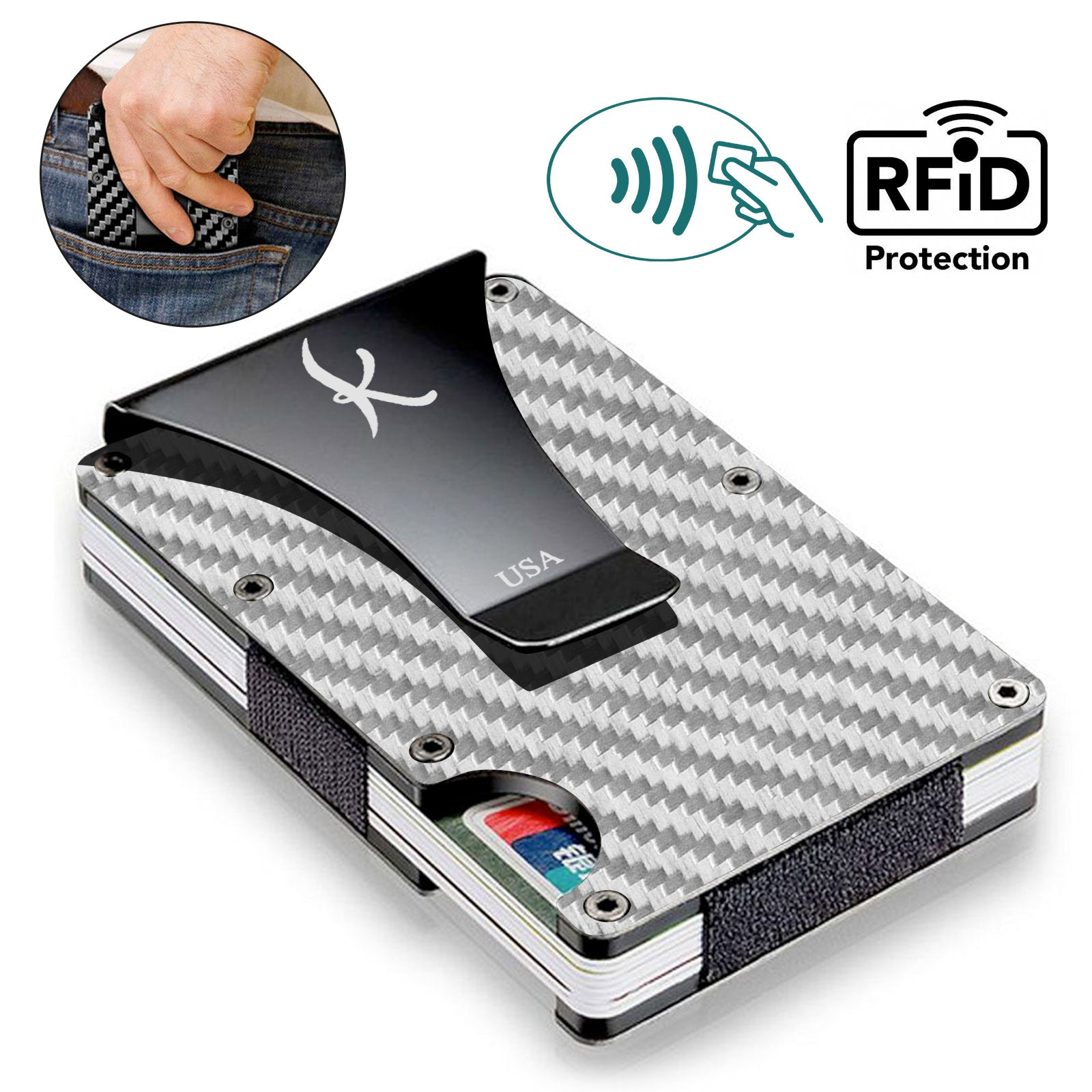 Silver: RFID Blocking Carbon Fiber Wallet for Men & Women - Reinforced Money Clip - Gift Box