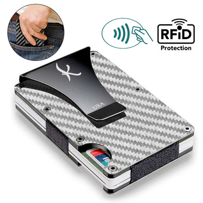 Silver: RFID Blocking Carbon Fiber Wallet for Men & Women - Reinforced Money Clip - Gift Box